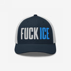 Navy-blue and white trucker hat with FUCK ICE in bold 3D puff embroidery, expressing strong anti-establishment sentiment.