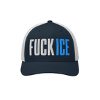 Navy-blue and white trucker hat with FUCK ICE in bold 3D puff embroidery, expressing strong anti-establishment sentiment.