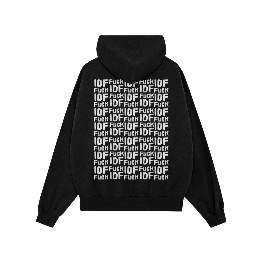Back view of the 'Fuck IDF Pattern Hoodie & Sweatshirt' featuring a bold, repeating white-letter protest graphic against IDF