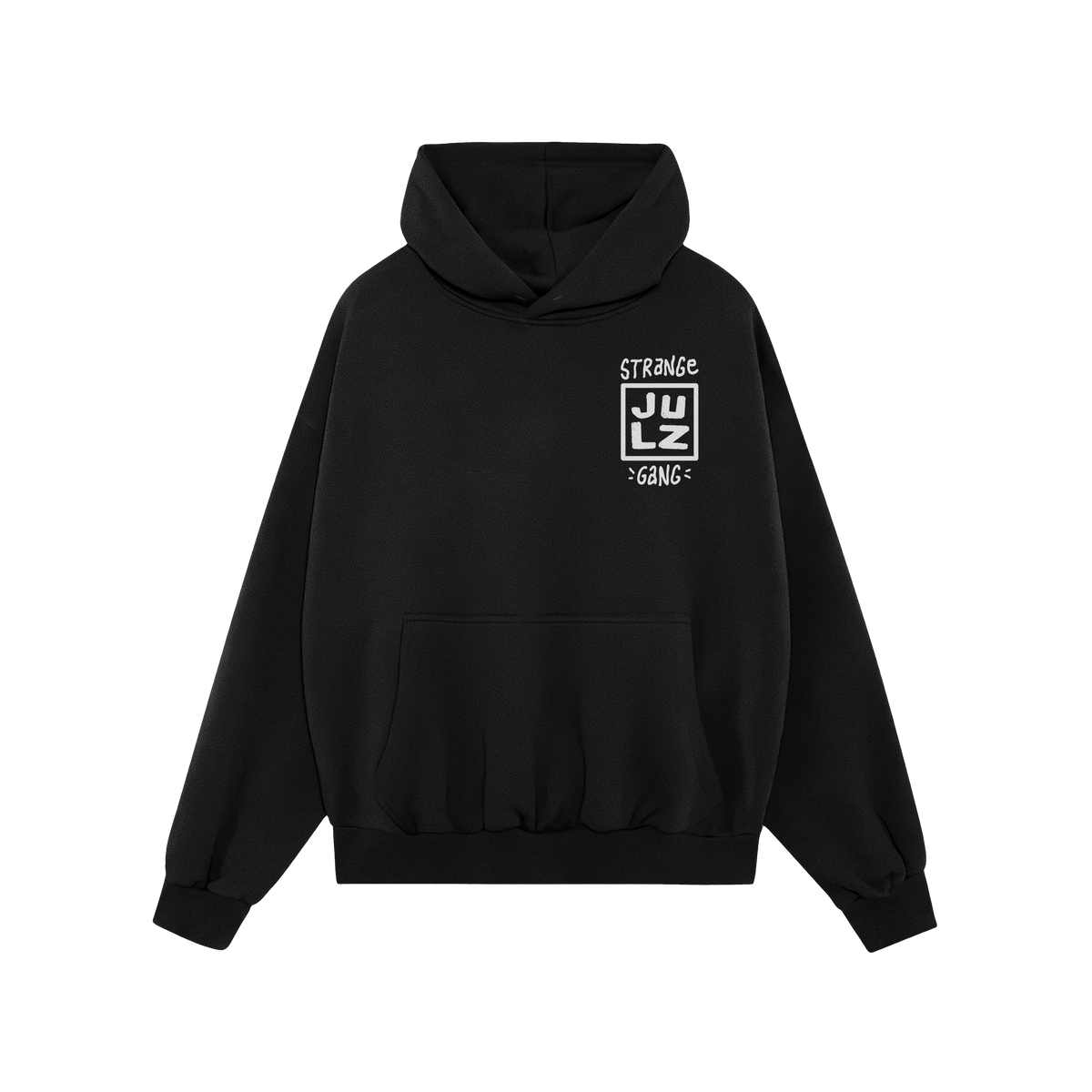 Black pullover hoodie with front kangaroo pocket and drawstring hood, featuring a small white STRANGE JULZ graphic. Part of t