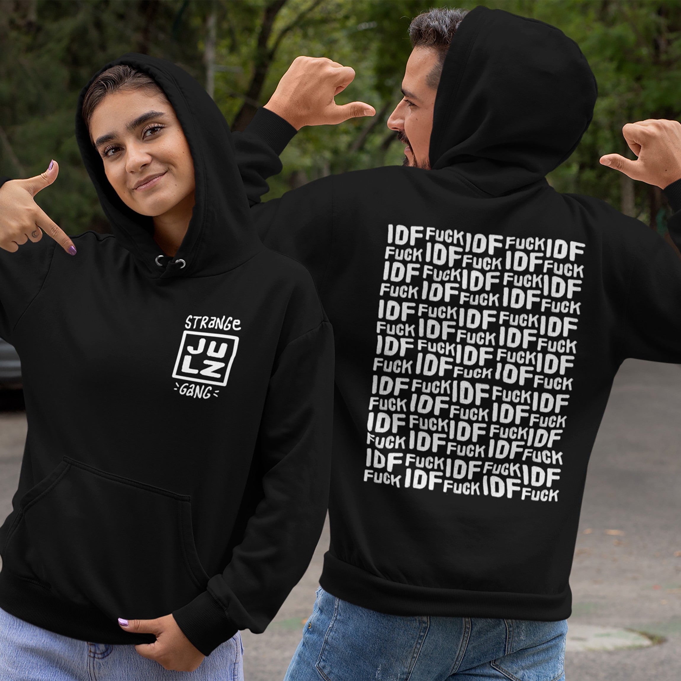 Two models showcase the Fuck IDF Pattern Hoodie, featuring a bold back print of repeated text and a small front logo, reflecting anti-IDF sentiment and support for a free Palestine.