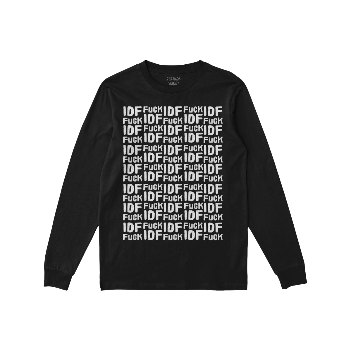 Fuck IDF Pattern T-shirt featuring a bold, all-over black and white text design with alternating “IDF” and “fuck,” ca