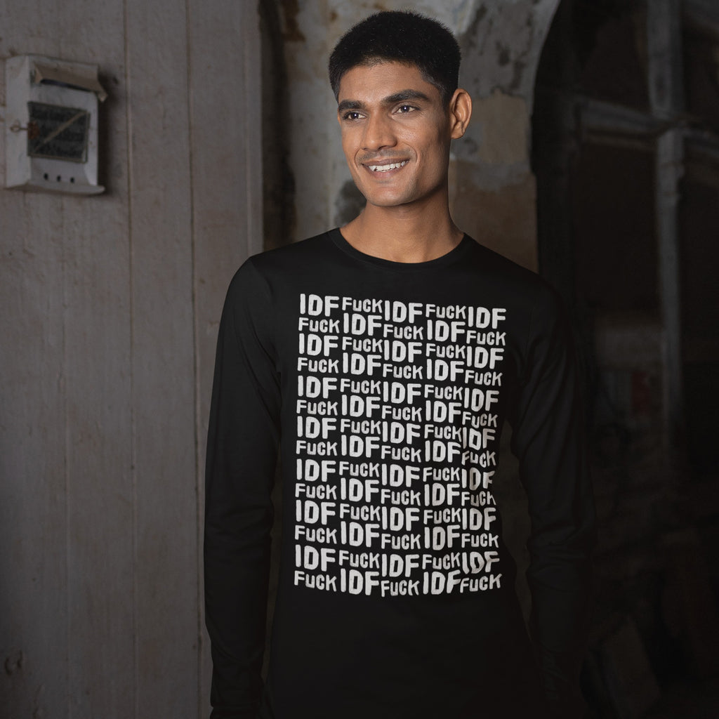 Person wearing the Fuck IDF Pattern T-shirt with a bold, repeated white-text slogan opposing the Israeli Defense Forces, showcasing protest apparel supporting human rights and a free Palestine.