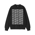 Black crewneck sweatshirt featuring the Fuck IDF Pattern in a white grid design, alternating IDF and fuck across the front, p