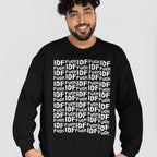 Smiling man wears a black sweatshirt displaying a repeating Fuck IDF text pattern, embodying the protest message of the Fuck IDF Pattern Hoodie & Sweatshirt collaboration with artist JULZ.