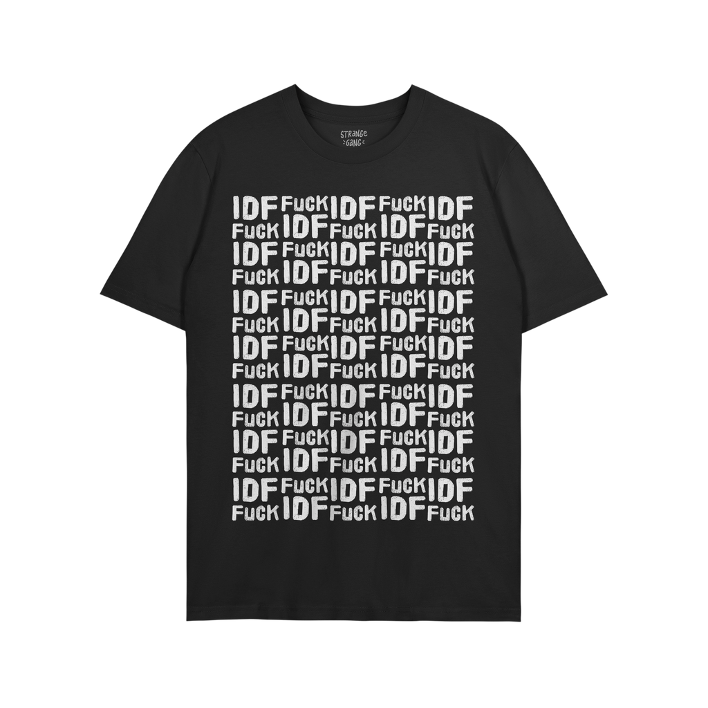 Fuck IDF Pattern T-shirt featuring a bold black design with a white grid pattern repeating IDF and Fuck, symbolizing protest 