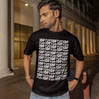 Young man outdoors at night wearing the Fuck IDF Pattern T-shirt, showcasing a bold protest design with repeating IDF and Fuck text in white block letters, embodying anti-violence and pro-Palestinian sentiments.