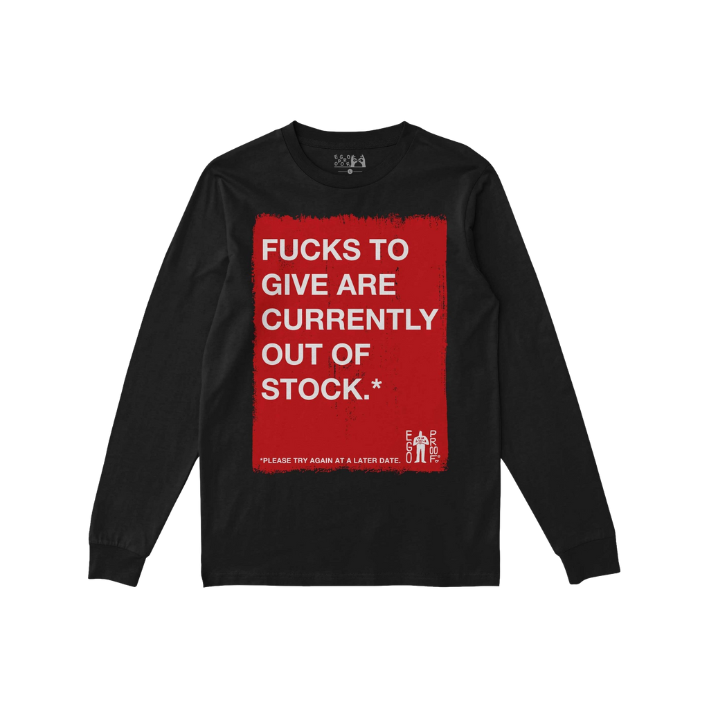 Black long-sleeve T-shirt with large distressed red rectangle, displaying bold white text: Fucks To Give T-shirt and footnote