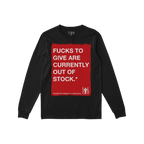 Black long-sleeve T-shirt with large distressed red rectangle, displaying bold white text: Fucks To Give T-shirt and footnote