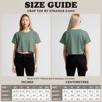 Crop top size guide image showing the front and back view of a model as well as size charts in inches and centimeters.