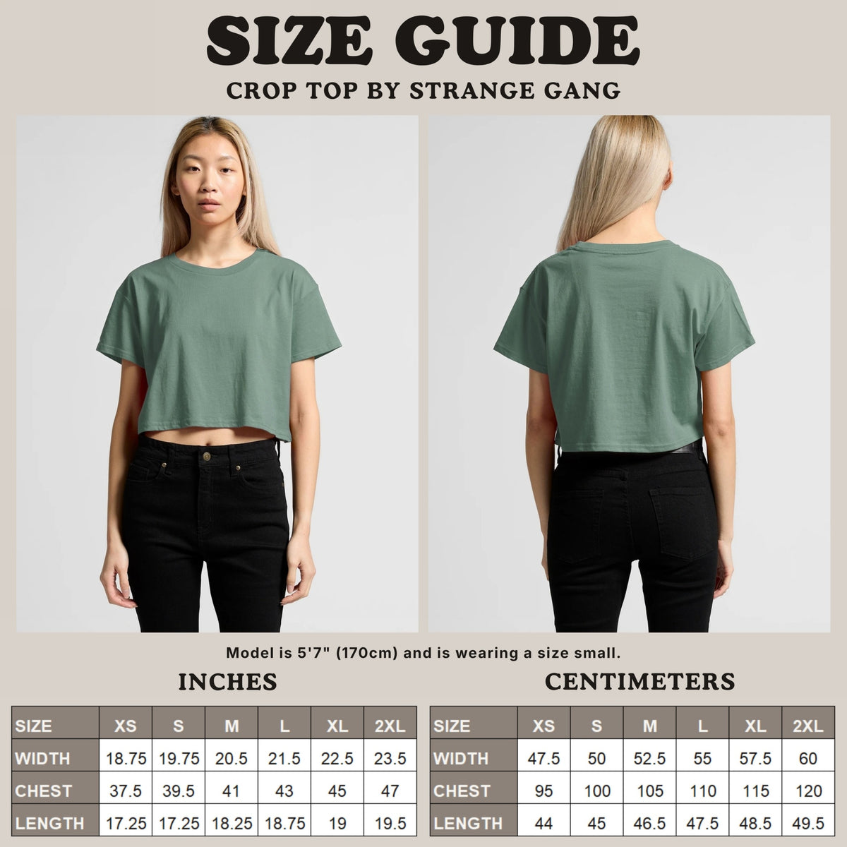 Crop top size guide image showing the front and back view of a model as well as size charts in inches and centimeters.