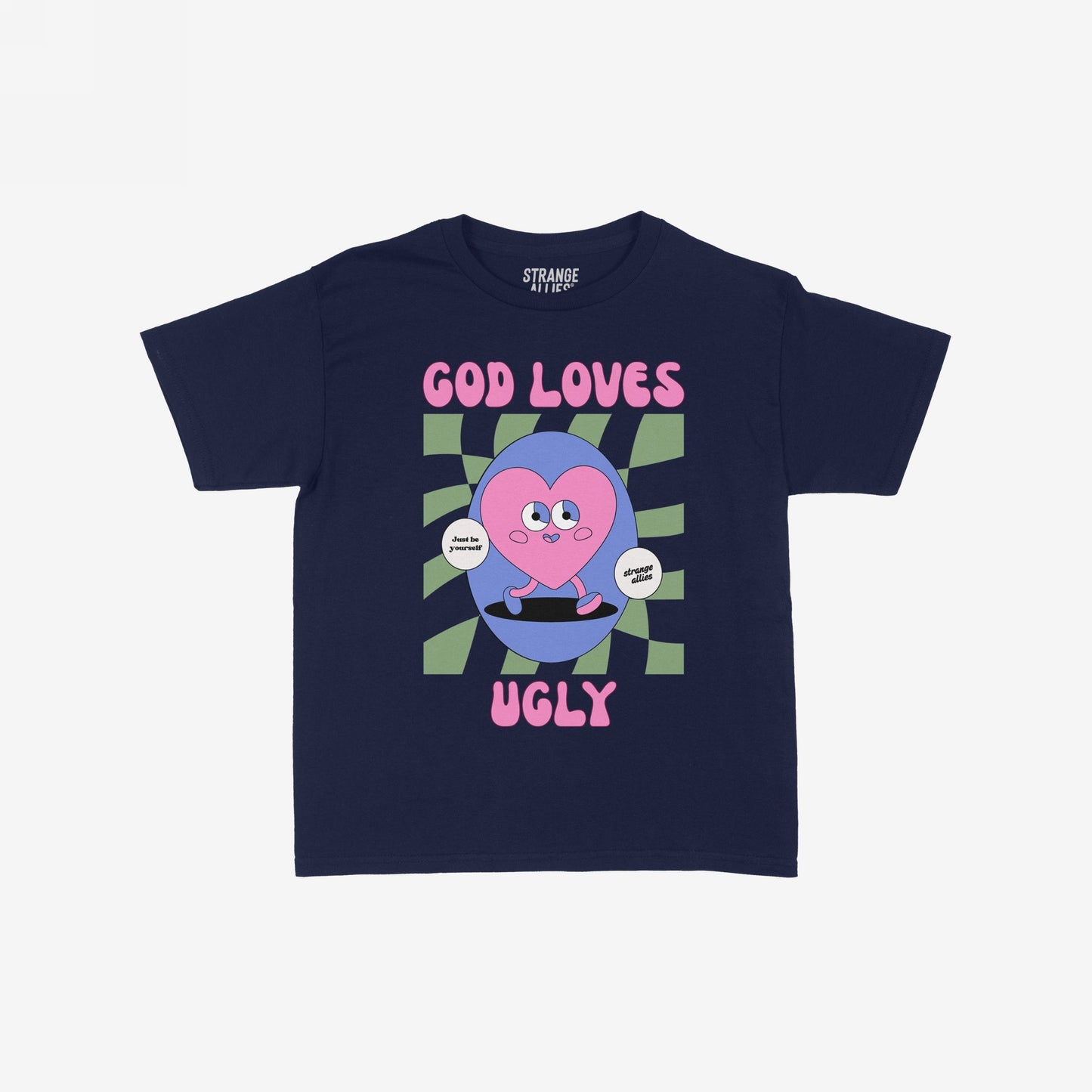 God Loves Ugly Women's Baby Tee featuring a quirky heart character and empowering messages like “Just be yourself,” embodying individuality and uniqueness with an artistic, bold design.