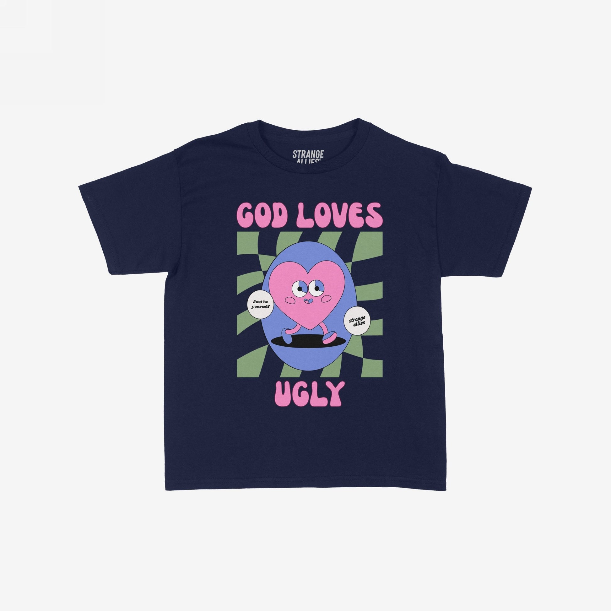 God Loves Ugly Women's Baby Tee featuring a quirky heart character and empowering messages like “Just be yourself,” embodying individuality and uniqueness with an artistic, bold design.
