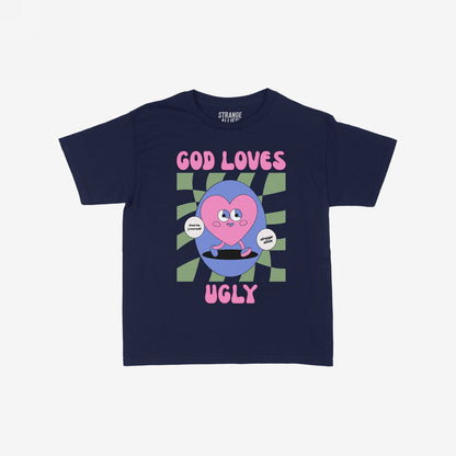 God Loves Ugly Women's Baby Tee featuring a quirky heart character and empowering messages like “Just be yourself,” embodying individuality and uniqueness with an artistic, bold design.