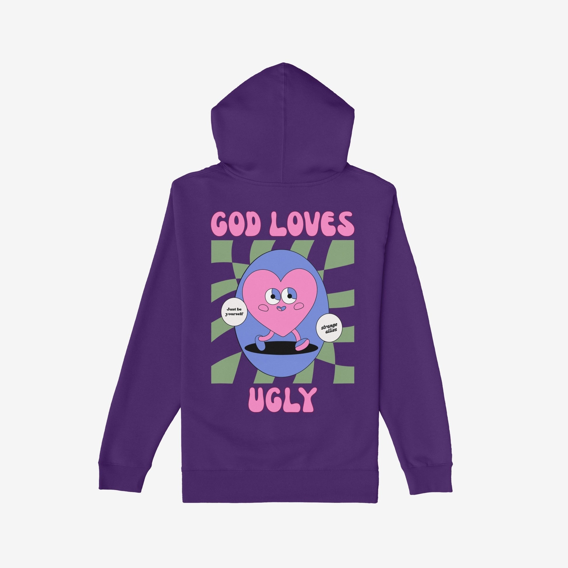 God Loves Ugly Hoodie features a retro-style graphic with a cartoon heart, bold GOD LOVES and UGLY text, and empowering speech bubbles, embodying individuality and defiance against perfection culture.