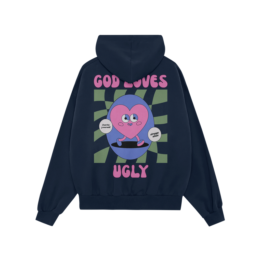 God Loves Ugly Hoodie features a retro-style graphic with a cartoon heart, bold GOD LOVES and UGLY text, and empowering speec
