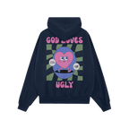 God Loves Ugly Hoodie features a retro-style graphic with a cartoon heart, bold GOD LOVES and UGLY text, and empowering speec