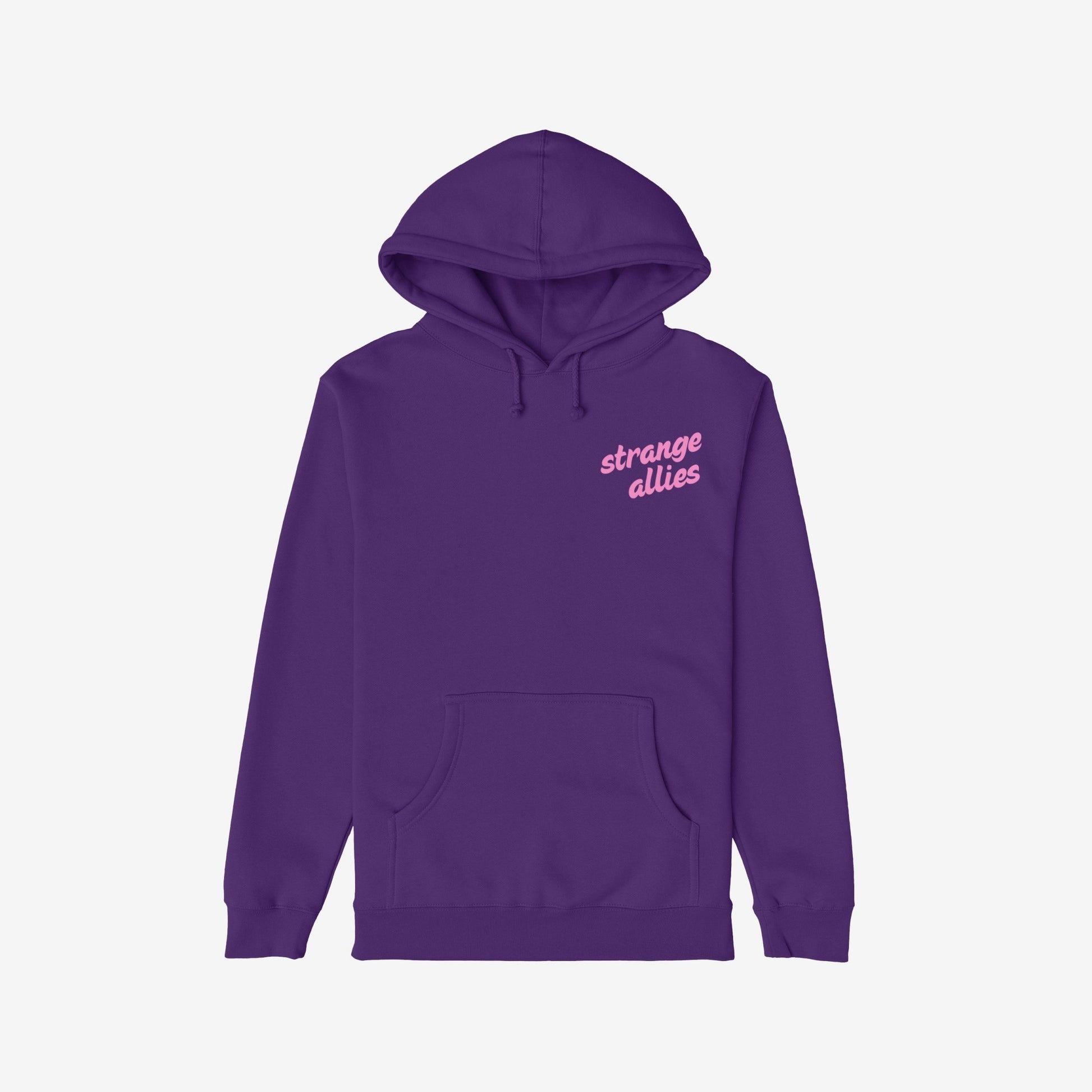 The God Loves Ugly Hoodie & Sweatshirt features a purple pullover with strange allies in pink on the chest, embodying individuality and rebellion against perfection culture.