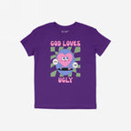 God Loves Ugly T-shirt with a retro-style graphic, featuring a pink heart with arms and legs, promoting self-worth with messages Just be yourself and Strange Allies.