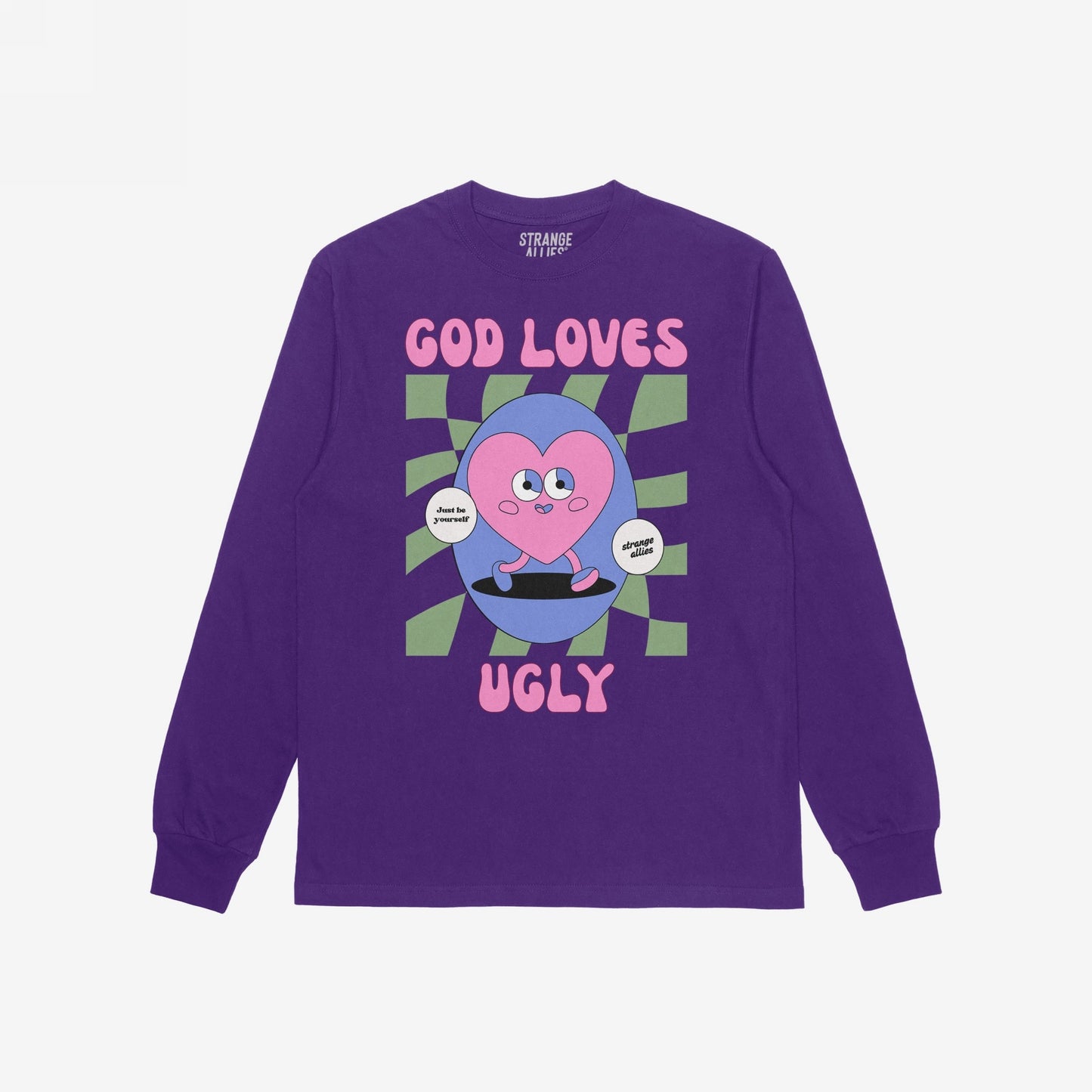 God Loves Ugly T-shirt featuring a playful cartoon heart on a skateboard, surrounded by a wavy checkerboard circle and affirmations like 'Just be yourself,' promoting self-worth with bold, inclusive style.