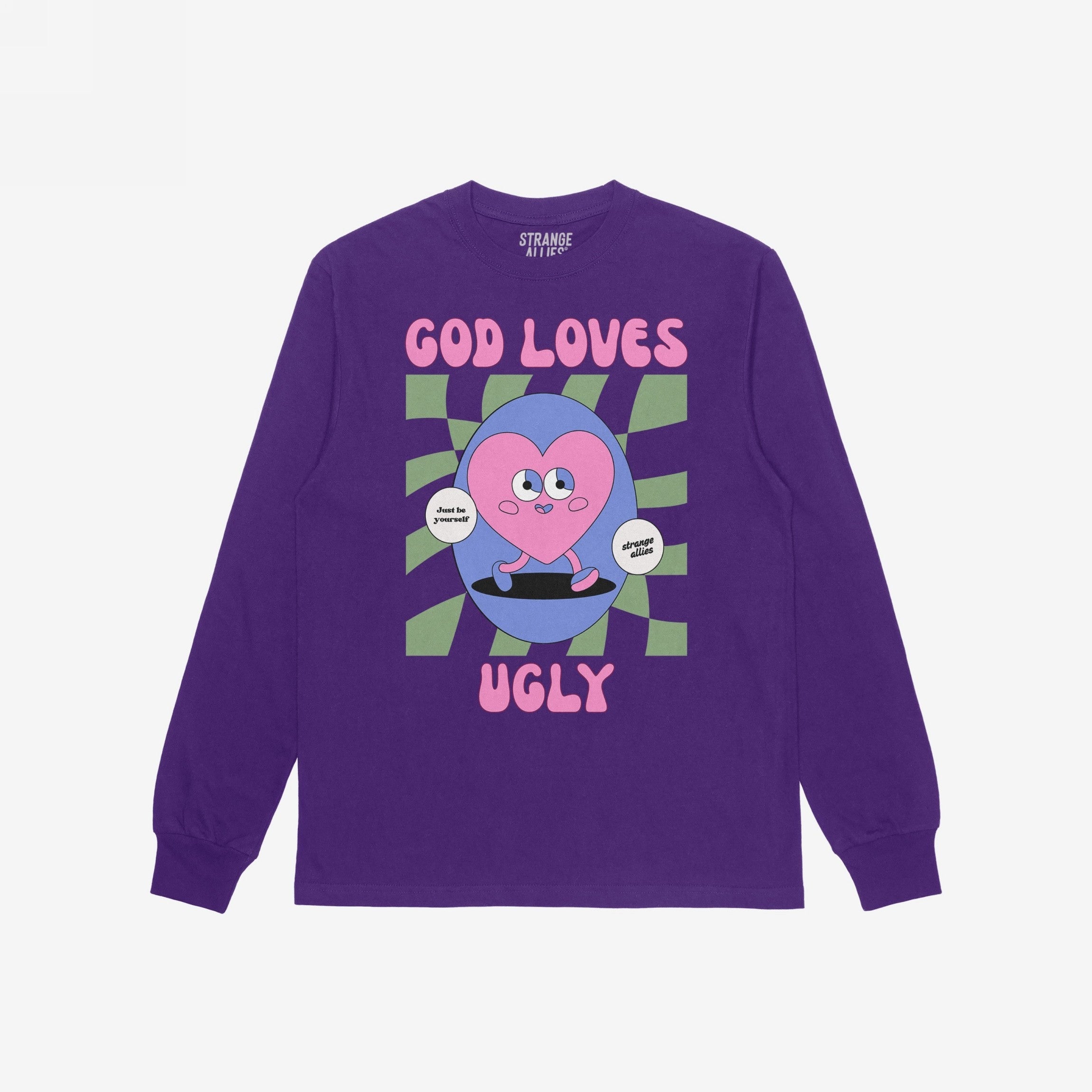God Loves Ugly T-shirt featuring a playful cartoon heart on a skateboard, surrounded by a wavy checkerboard circle and affirmations like 'Just be yourself,' promoting self-worth with bold, inclusive style.