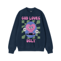 Navy-blue crewneck sweatshirt featuring the God Loves Ugly design. Retro-cartoon heart with Just be yourself and allies speec