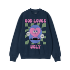 Navy-blue crewneck sweatshirt featuring the God Loves Ugly design. Retro-cartoon heart with Just be yourself and allies speec
