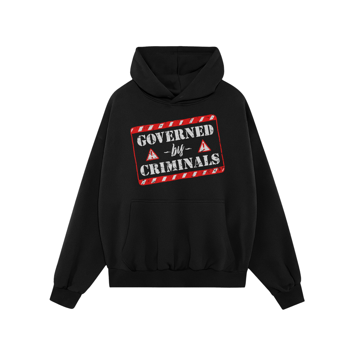 Black hoodie titled Governed By Criminals features a distressed red-and-white warning-tape style graphic and warning triangle