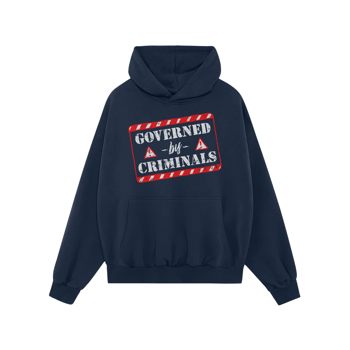 Navy-blue pullover hoodie featuring the “Governed By Criminals” design with a red-and-white striped graphic. This shirt i