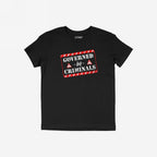 Black crew-neck T-shirt featuring a bold red-and-white graphic reading “GOVERNED by CRIMINALS,” symbolizing rebellion against political manipulation, reflecting the ethos of supporting equality and speaking truth.