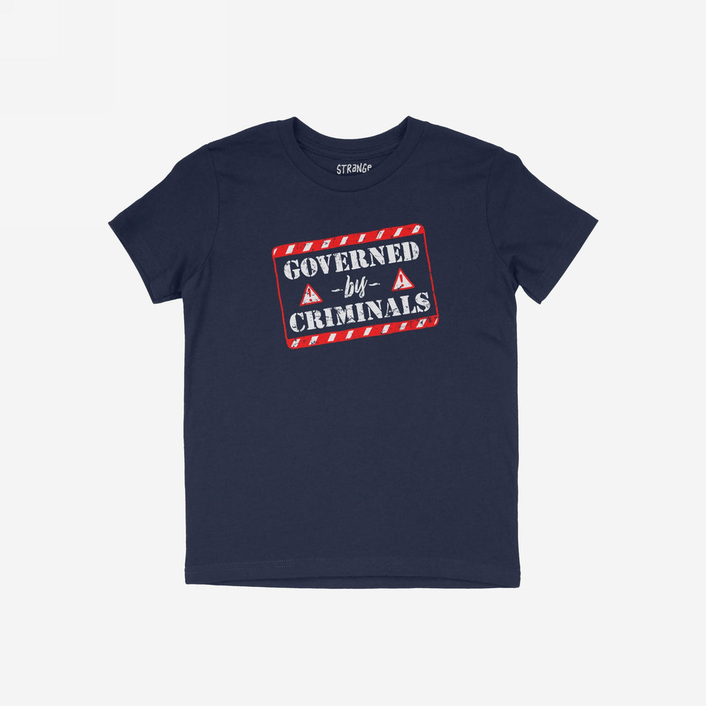 Navy-blue T-shirt with a distressed graphic reading GOVERNED by CRIMINALS, featuring red warning triangles. Perfect for those challenging the status quo. Supports the SPLC.