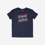 Navy-blue T-shirt with a distressed graphic reading GOVERNED by CRIMINALS, featuring red warning triangles. Perfect for those challenging the status quo. Supports the SPLC.