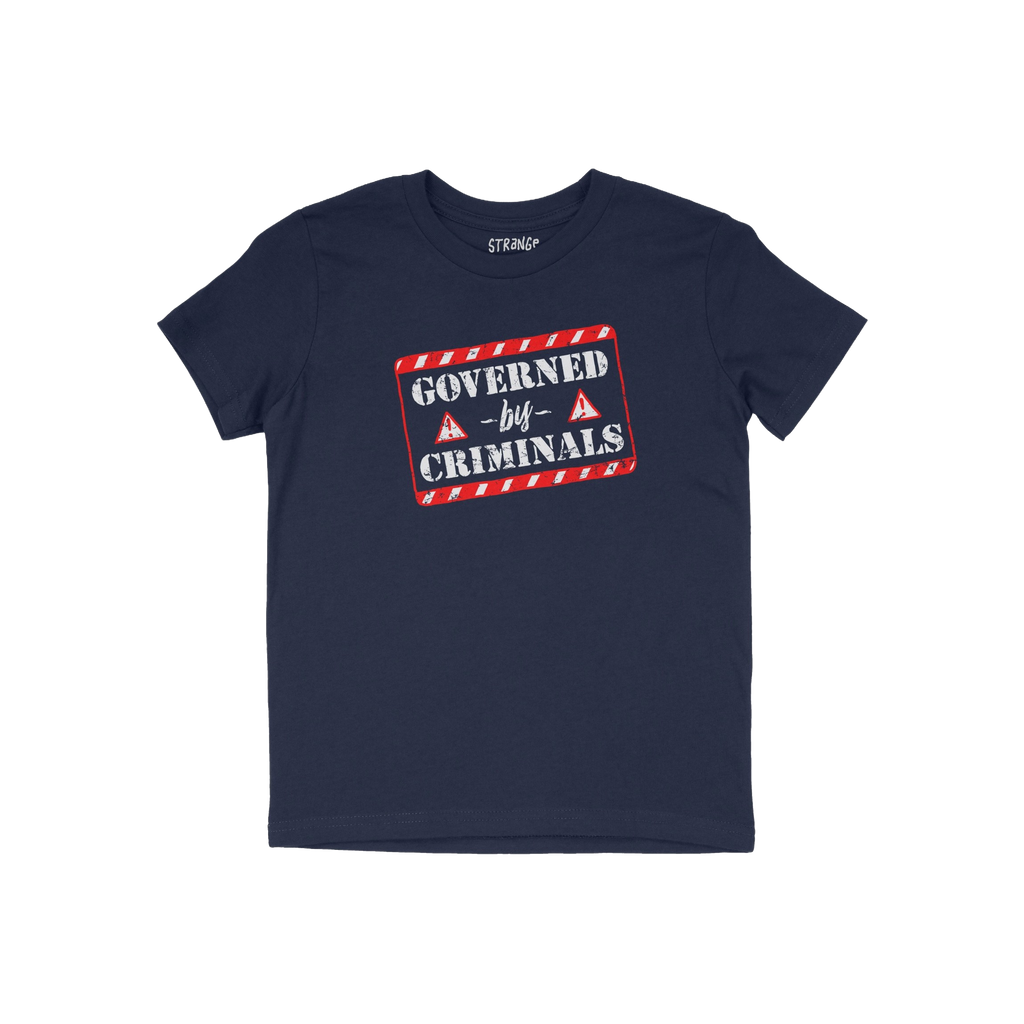 Navy-blue T-shirt with a distressed graphic reading GOVERNED by CRIMINALS, featuring red warning triangles. Perfect for those