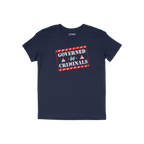 Navy-blue T-shirt with a distressed graphic reading GOVERNED by CRIMINALS, featuring red warning triangles. Perfect for those