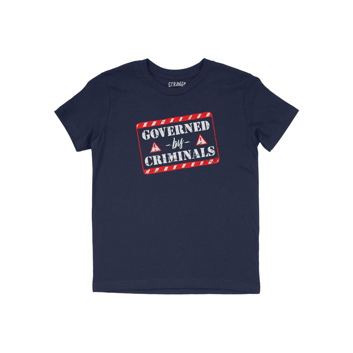 Navy-blue T-shirt with a distressed graphic reading GOVERNED by CRIMINALS, featuring red warning triangles. Perfect for those