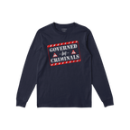 Navy-blue long-sleeve T-shirt with “Governed By Criminals” in distressed stencil lettering, featuring red-bordered warnin