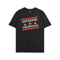 Black T-shirt featuring a bold graphic with red-and-white hazard stripes reading “GOVERNED by CRIMINALS,” alongside warni