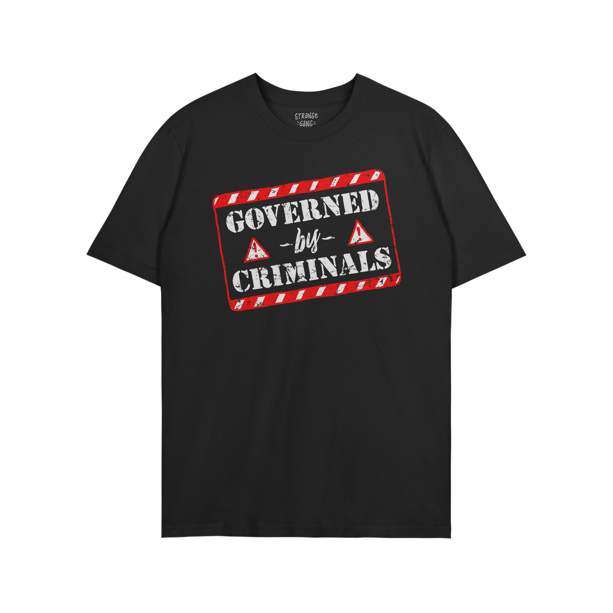 Black T-shirt featuring a bold graphic with red-and-white hazard stripes reading “GOVERNED by CRIMINALS,” alongside warni