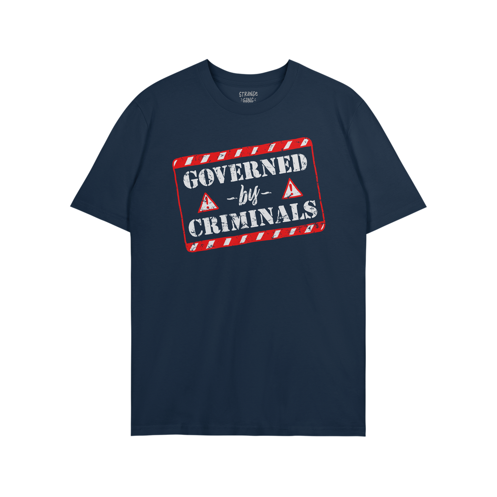 Navy-blue T-shirt featuring a bold, stamp-style graphic with GOVERNED by CRIMINALS text, highlighting a rebellious stance aga