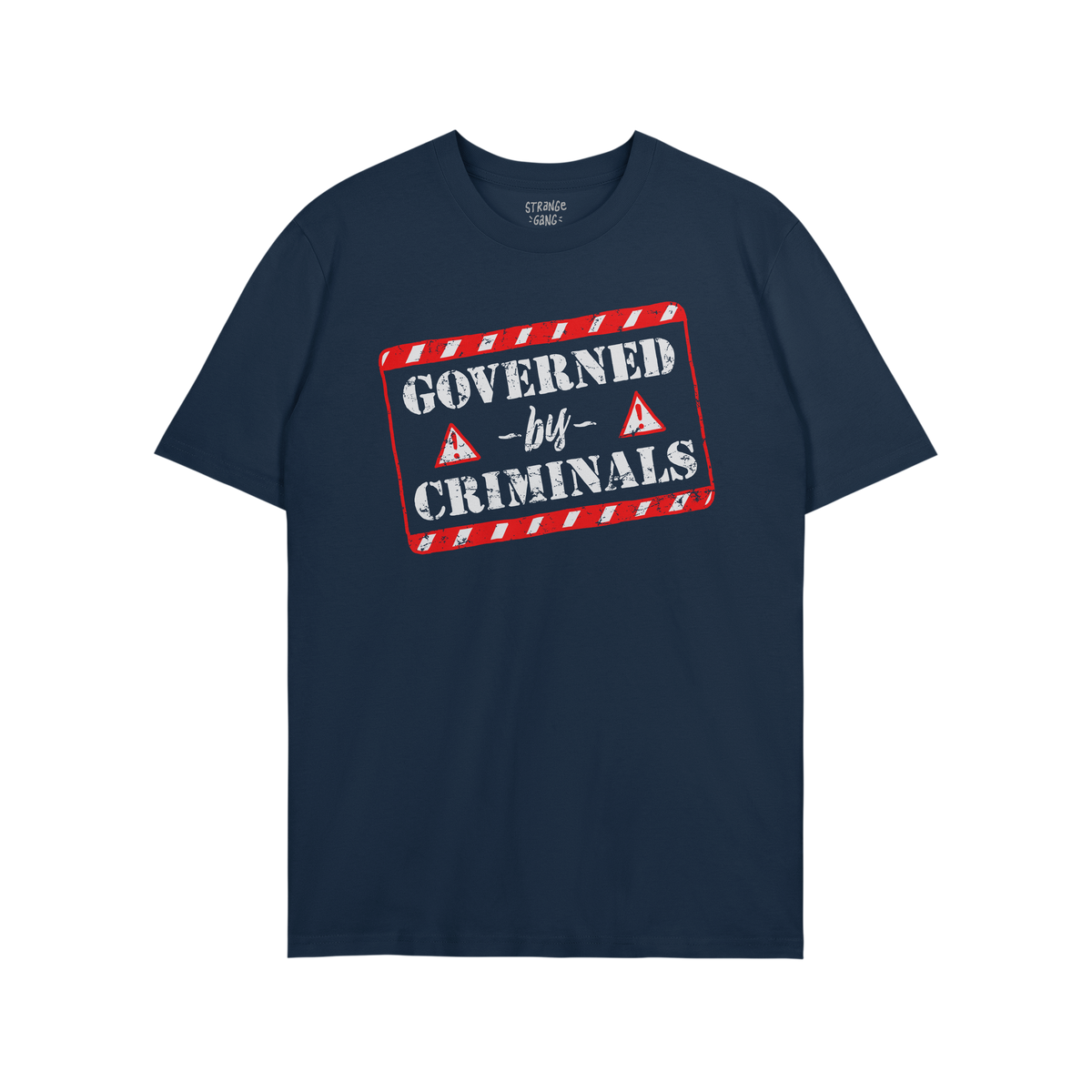 Navy-blue T-shirt featuring a bold, stamp-style graphic with GOVERNED by CRIMINALS text, highlighting a rebellious stance aga