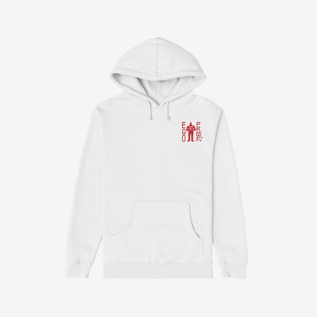 Custom Hate Has No Home Here Hoodie featuring a small red EGOPROOF logo on the chest and a bold back message advocating justice and unity. Ideal for community activists and allies.