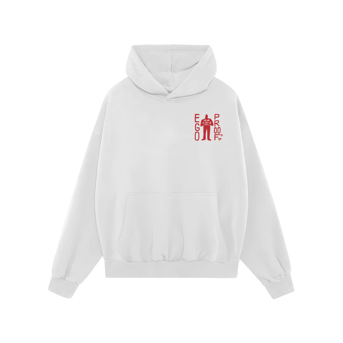 Custom Hate Has No Home Here Hoodie featuring a small red EGOPROOF logo on the chest and a bold back message advocating justi