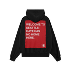 Custom Hate Has No Home Here Hoodie featuring bold red message on back, promoting unity and equality. Midweight, with front E