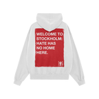 Back view of Custom Hate Has No Home Here Hoodie with large red rectangle and white text promoting unity. Features WELCOME TO