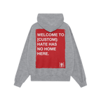 Custom Hate Has No Home Here Hoodie with a red rectangle on the back, featuring bold white text promoting unity. Includes a f
