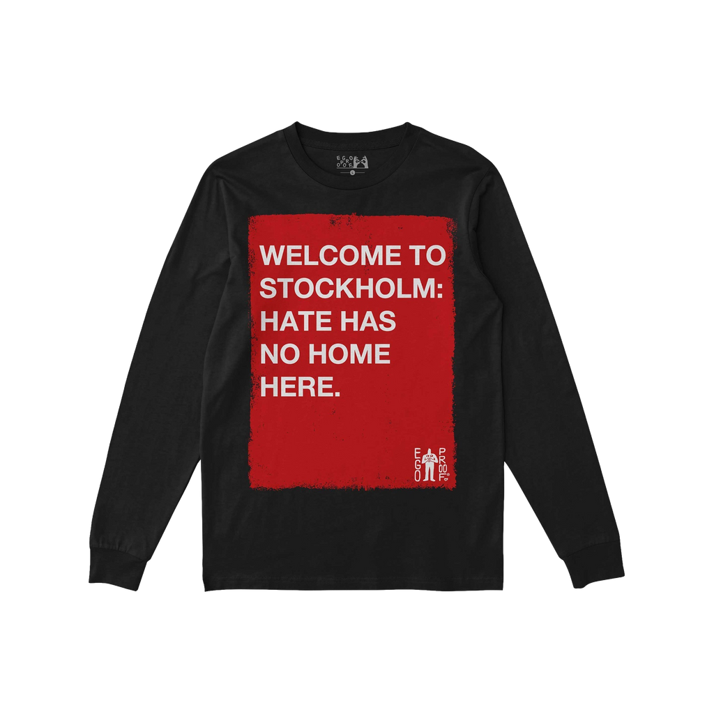Custom Hate Has No Home Here Long Sleeve T-shirt featuring a bold red rectangle with a powerful anti-hate message, perfect fo