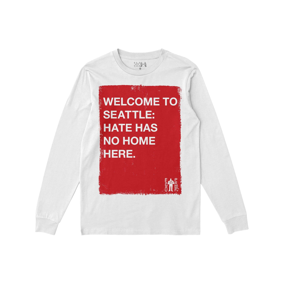 Custom Hate Has No Home Here Long Sleeve T-shirt featuring a bold red square with a message against hate, emphasizing communi