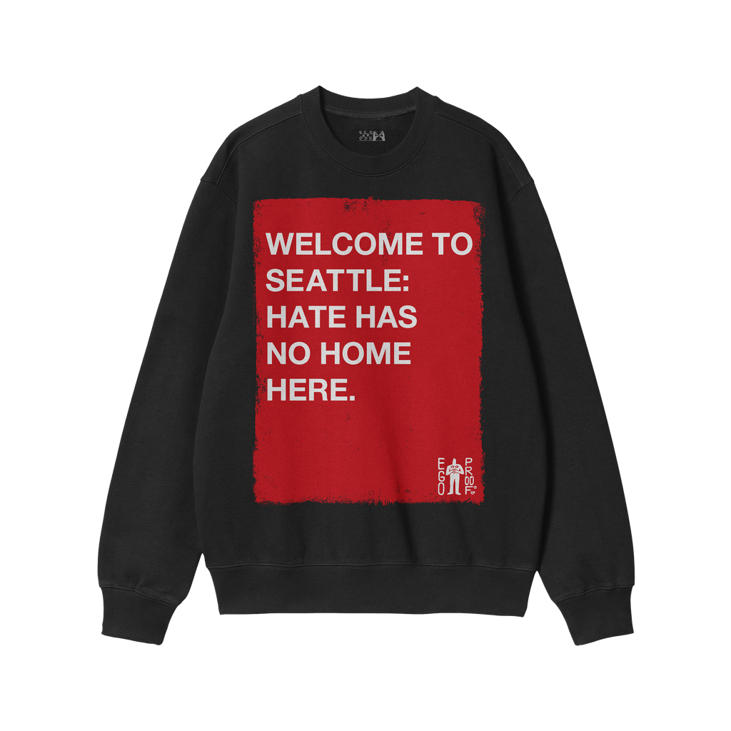 Custom Hate Has No Home Here Sweatshirt featuring a distressed red rectangle with bold white text, emphasizing unity and incl