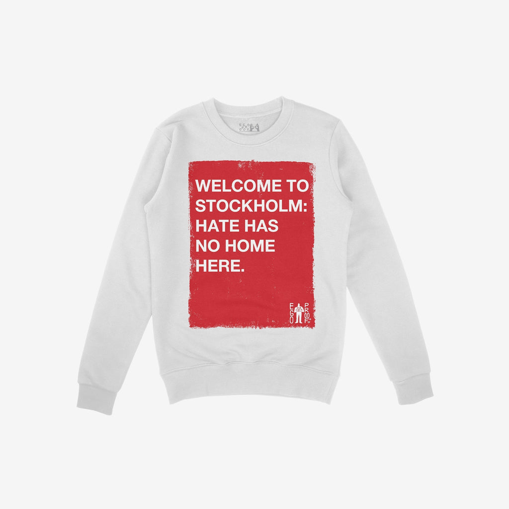 Custom Hate Has No Home Here Sweatshirt featuring a bold red panel with white text, perfect for community leaders. This midweight crewneck combines comfort with a powerful message against hate.