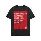 Custom Hate Has No Home Here T-shirt with a bold red rectangle featuring an inclusive message, perfect for promoting equity a
